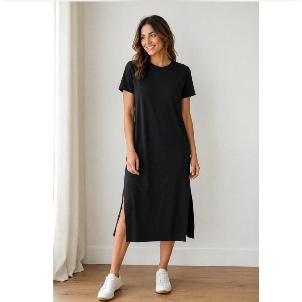 COS Dress T-Shirt Midi Large Black Linen Short Sleeve Side Slits Relaxed Fit